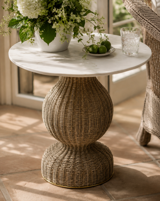 The Wren Marble & Woven Pedestal Dining Table