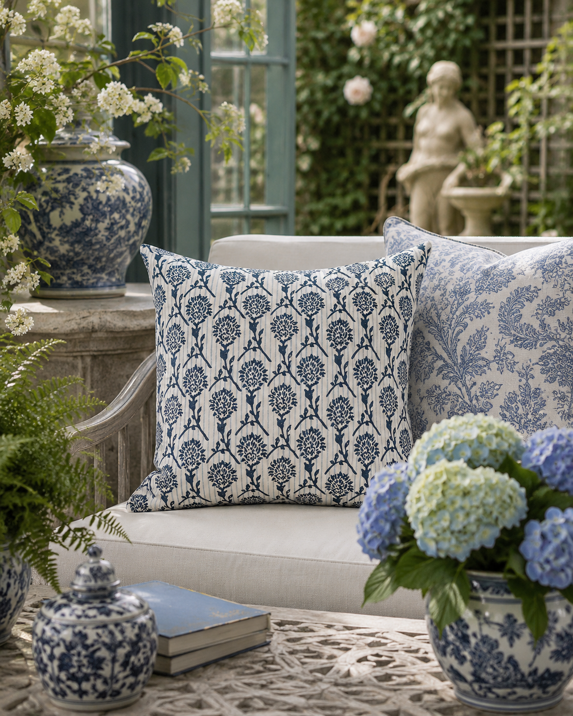 The Azure Garden Linen Throw Pillow Cover