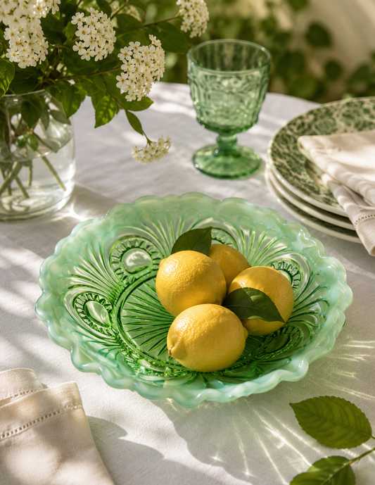 Vintage Emerald Green Opalescent Footed Serving Bowl