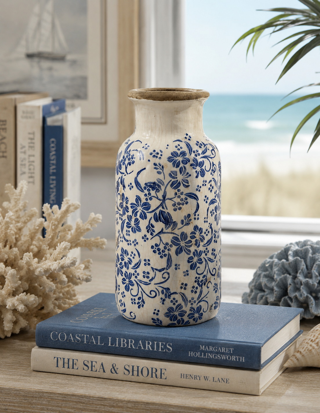 The Ashcombe Blue & Ivory Ceramic Floral Vase