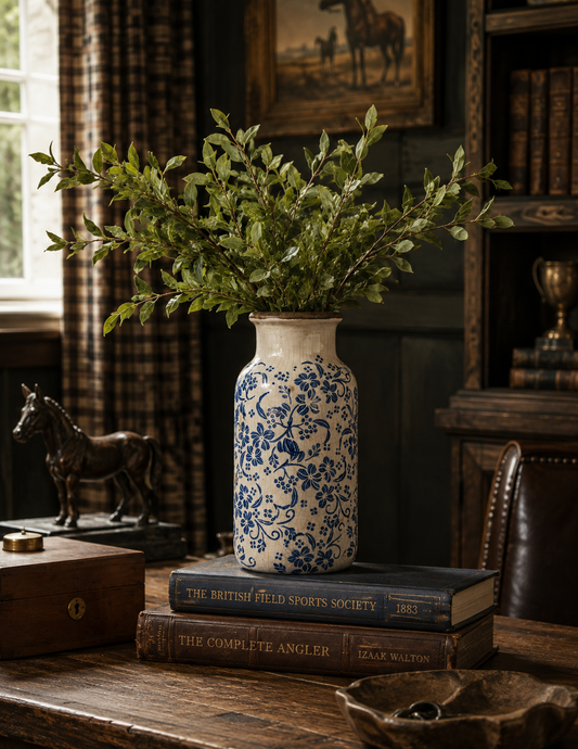The Ashcombe Blue & Ivory Ceramic Floral Vase