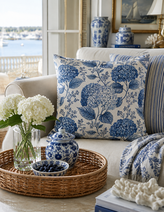 Blue Hydrangea Floral Pillowcase | Square Poly Canvas Throw Pillow Cover 18x18