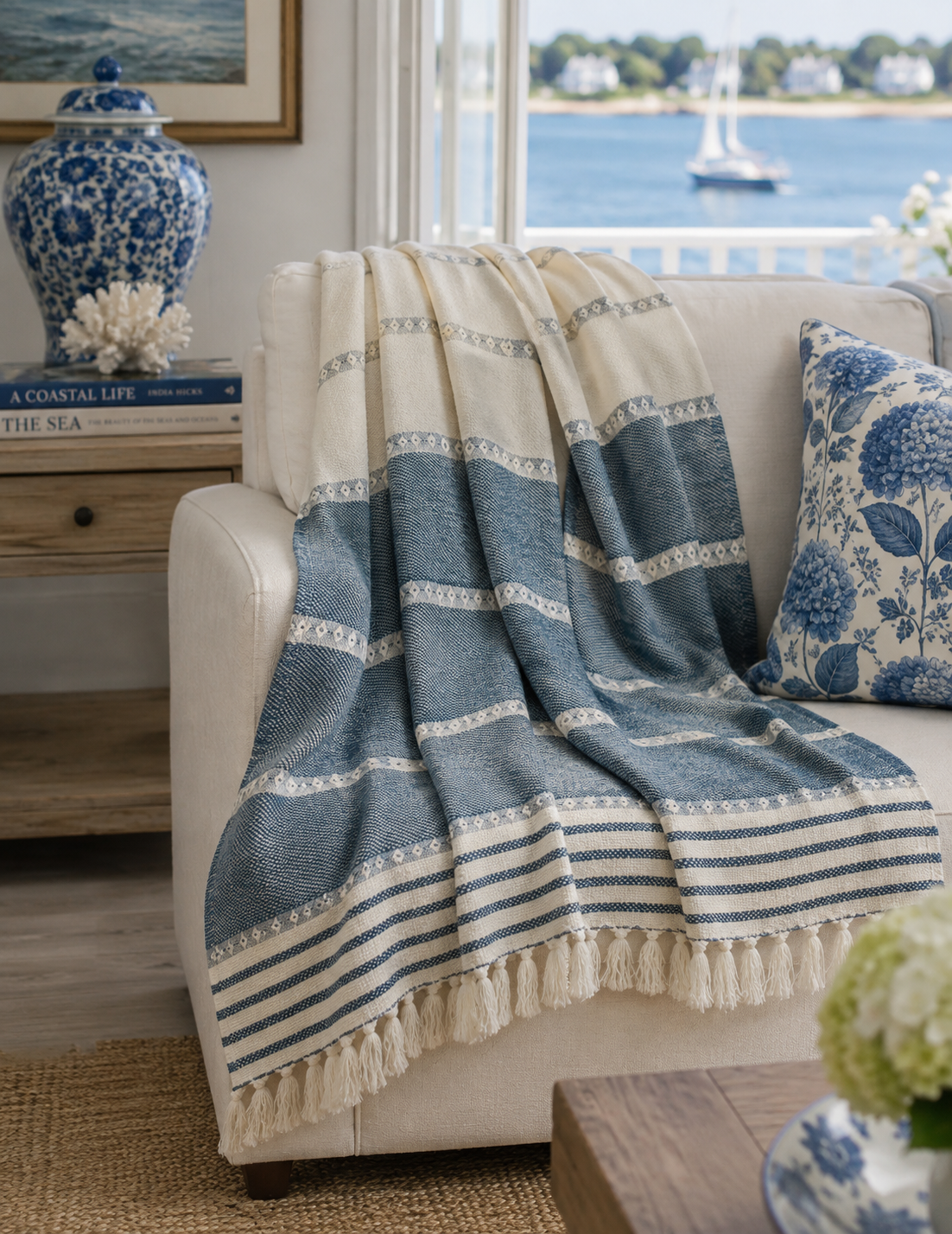 The Waverly Blue & Cream Woven Cotton Throw