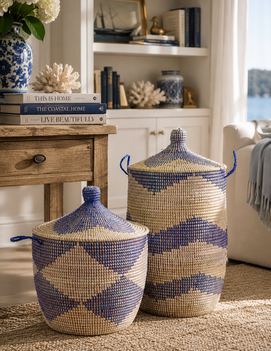 The Senegalese Blue & Natural Chevron Floor Basket
