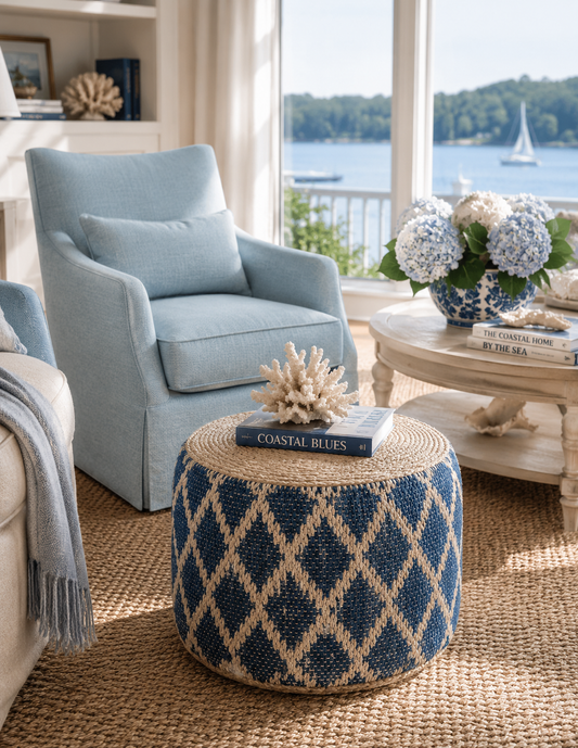 The Edgeley Blue & Natural Woven Jute Pouf
