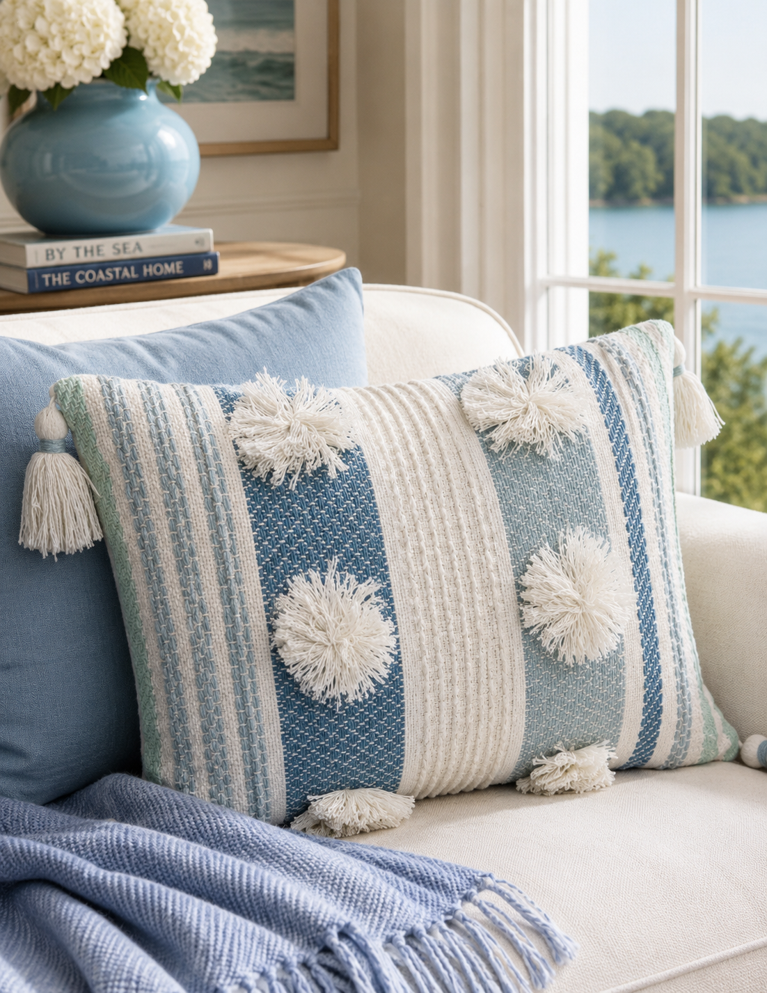 Accent Pillow with Large Poms and Corner Tassels 14" x 20" with Insert