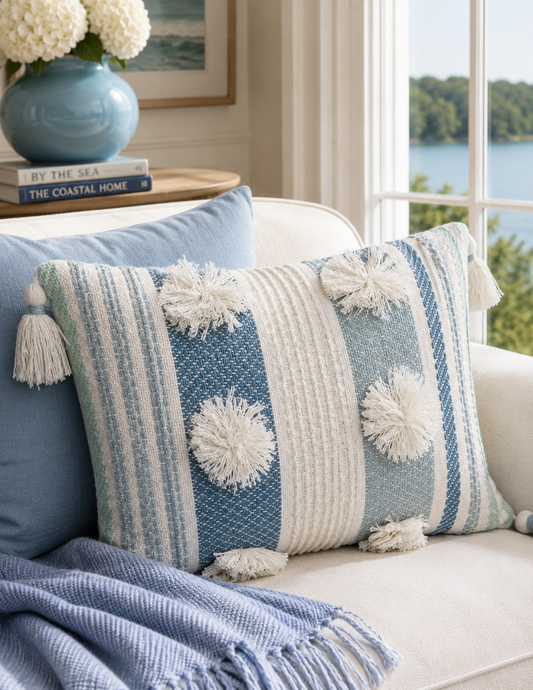 Accent Pillow with Large Poms and Corner Tassels 14" x 20" with Insert