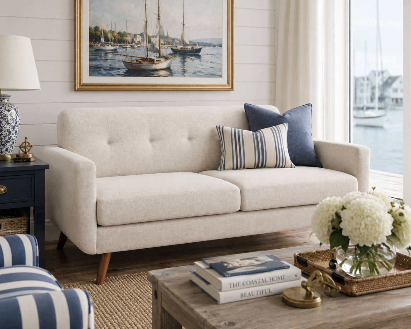 Sutton Tufted Linen Loveseat – Mid-Century Upholstered 2-Seat Sofa in Beige