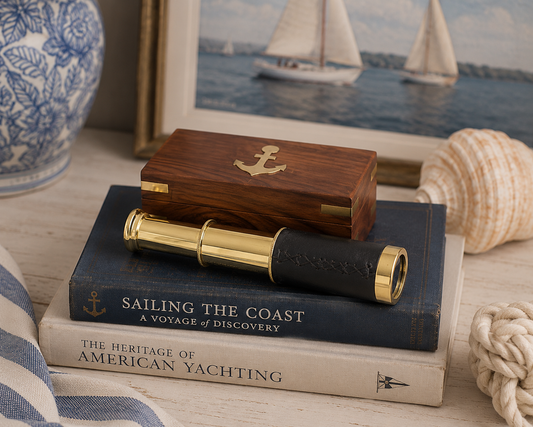Heirloom Brass Spyglass Telescope with Wooden Display Box – 6" Nautical Decorative Telescope