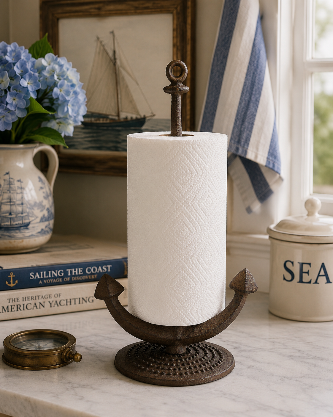 Nautical Anchor Paper Towel Holder – Coastal Cast Iron Kitchen Countertop Organizer