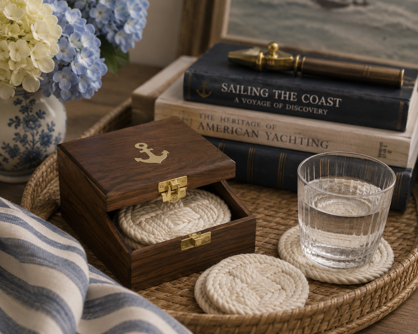 Nautical Anchor Coaster Set with Decorative Storage Box – 4 White Drink Coasters