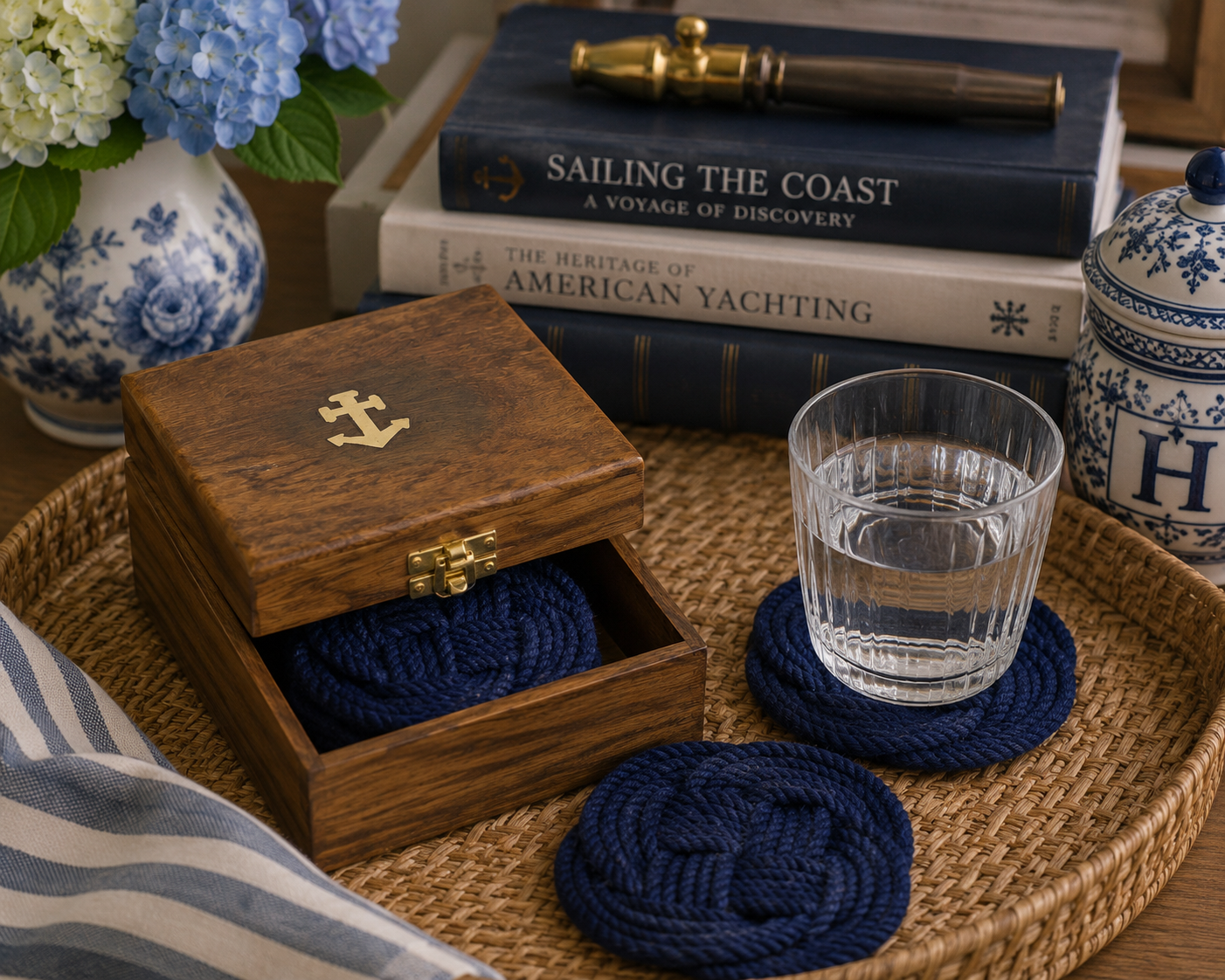 Nautical Anchor Coaster Set with Decorative Storage Box – 4 Navy Rope Drink Coasters