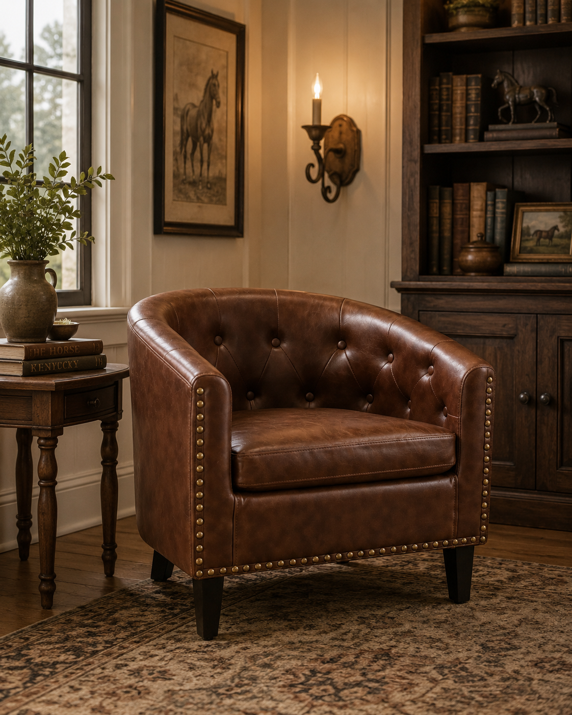 Classic Tufted Faux Leather Barrel Accent Chair – Chesterfield Club Chair in Dark Brown