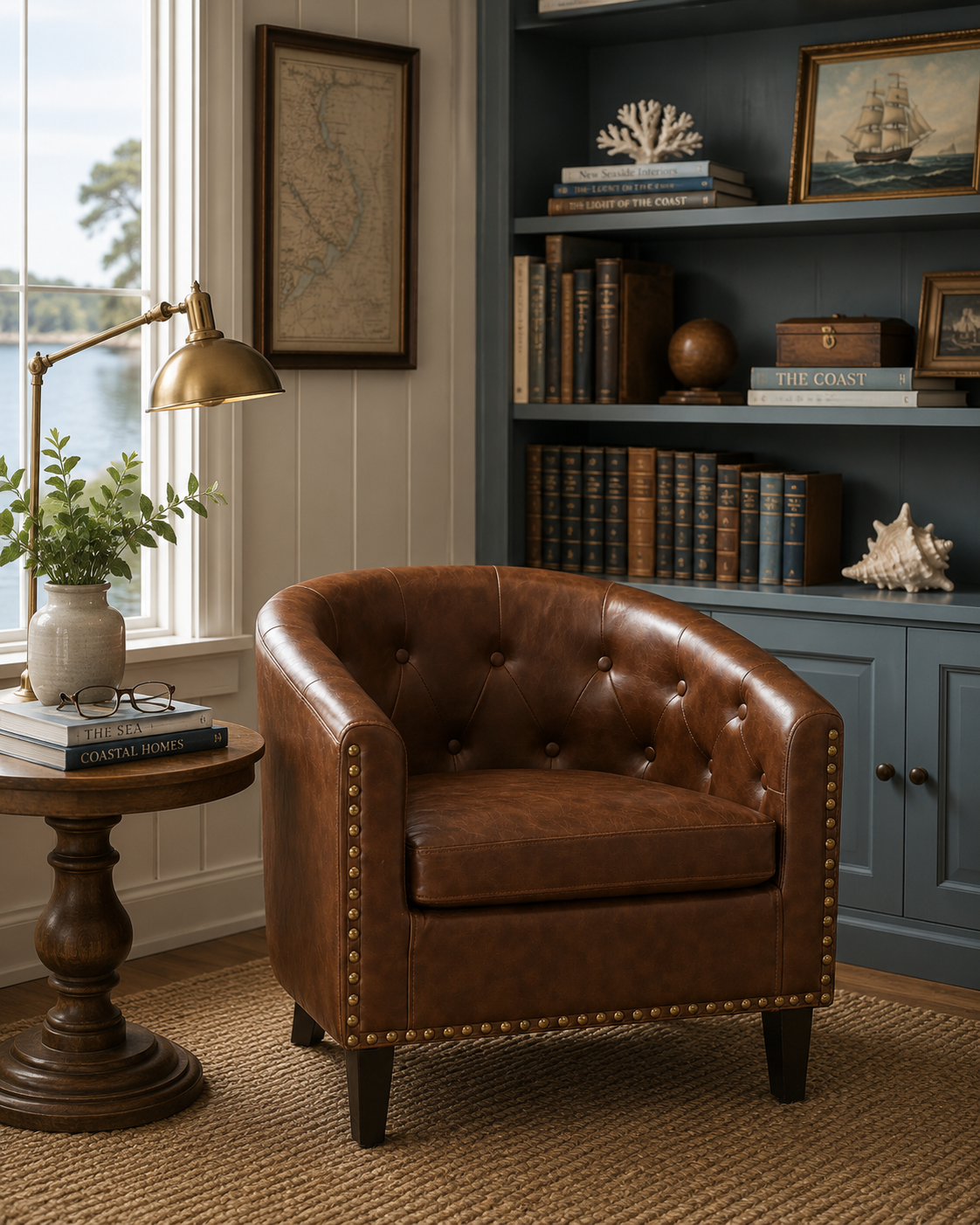 Classic Tufted Faux Leather Barrel Accent Chair – Chesterfield Club Chair in Dark Brown
