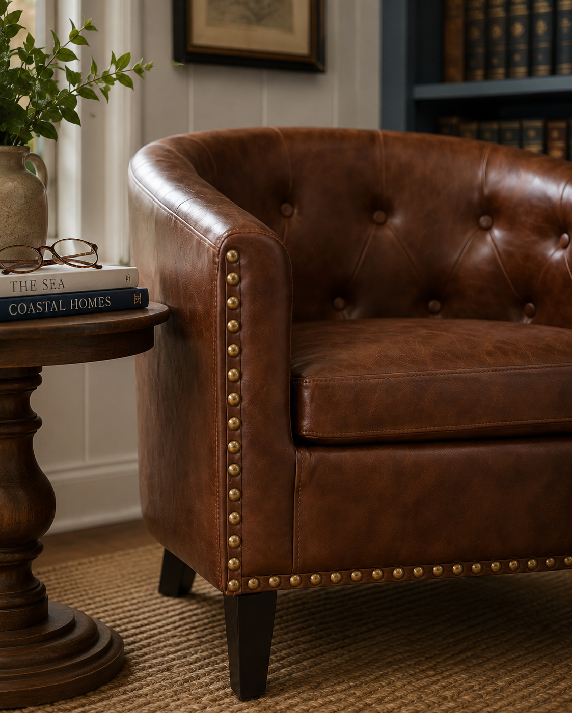 Classic Tufted Faux Leather Barrel Accent Chair – Chesterfield Club Chair in Dark Brown