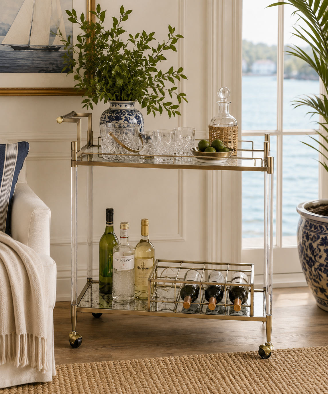 Cirro Antique Brass Bar & Serving Cart with Tempered Glass Shelves