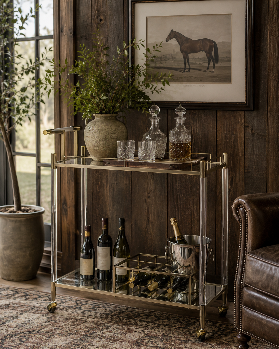 Cirro Antique Brass Bar & Serving Cart with Tempered Glass Shelves