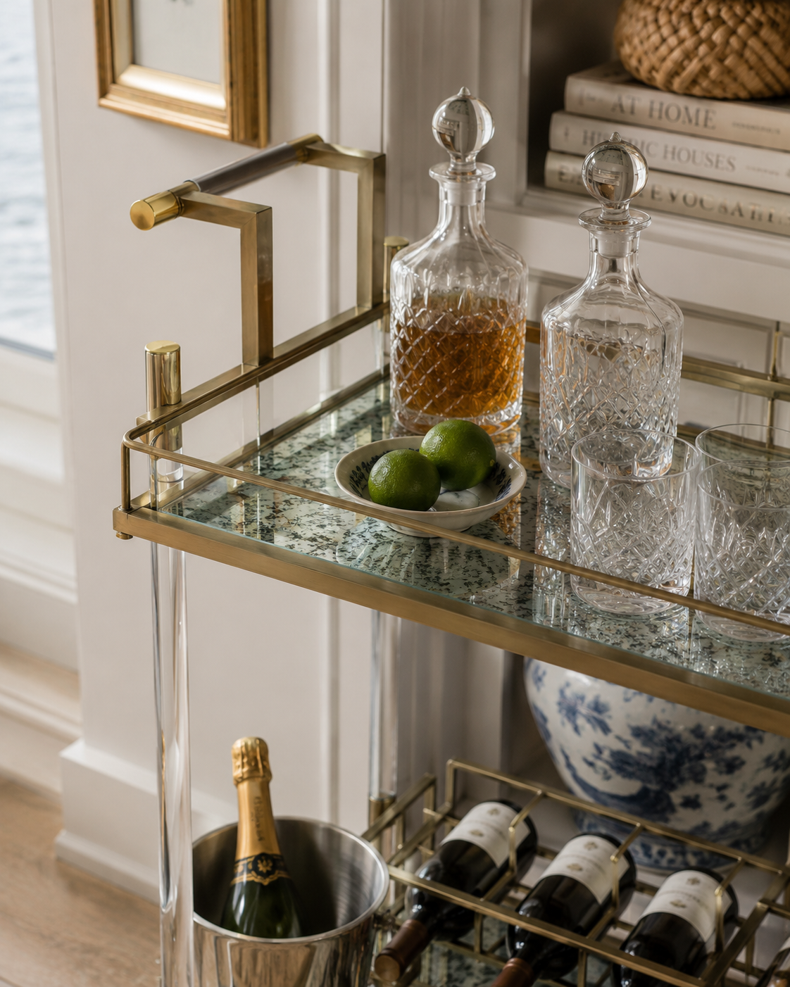 Cirro Antique Brass Bar & Serving Cart with Tempered Glass Shelves