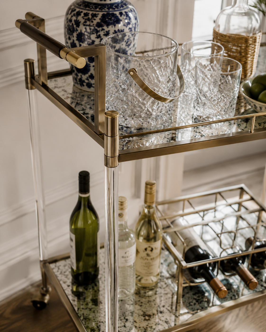 Cirro Antique Brass Bar & Serving Cart with Tempered Glass Shelves