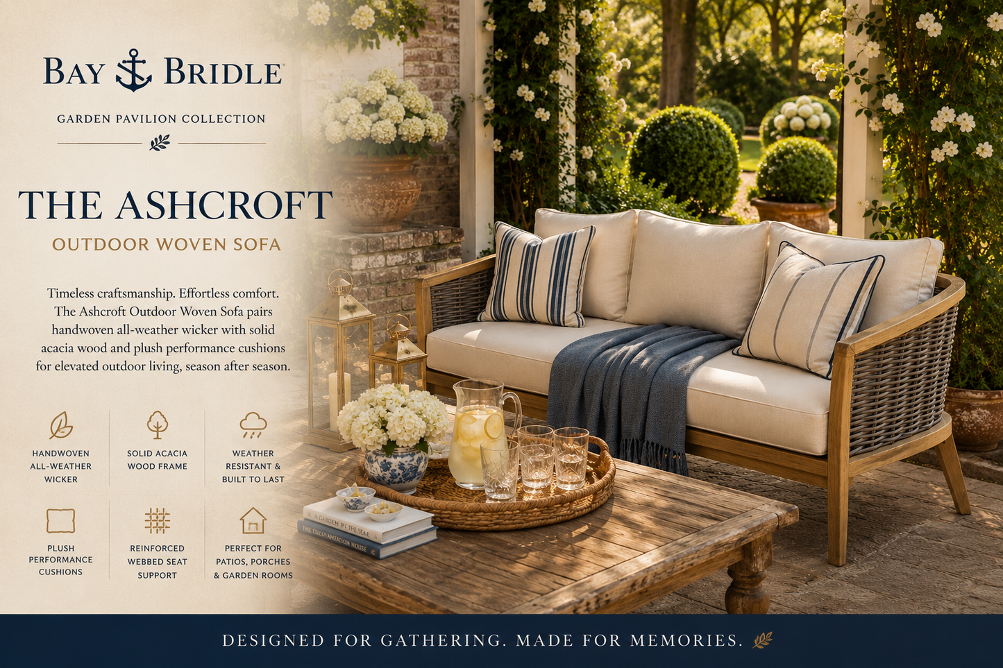 Ashcroft Outdoor Woven Acacia Sofa | Garden Pavilion Collection | Bay & Bridle