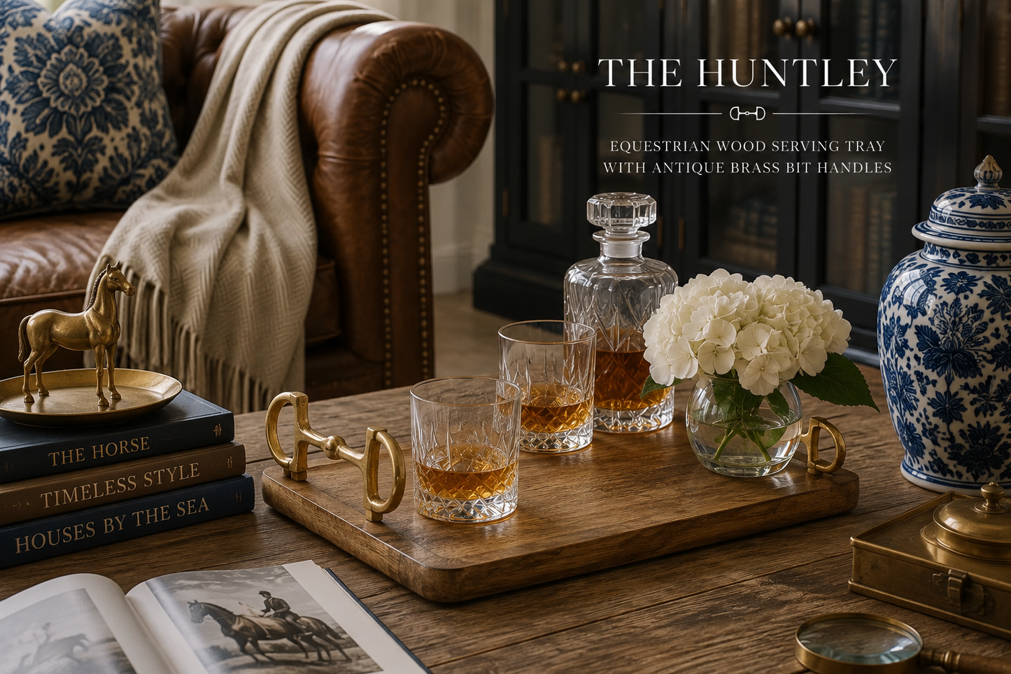 The Huntley Equestrian Wood Serving Tray with Antique Brass Bit Handles
