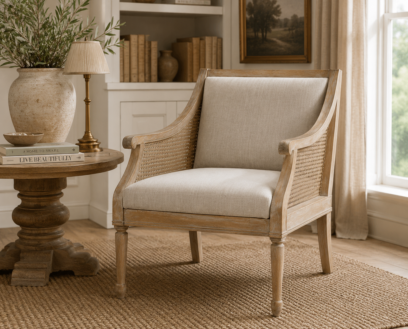 The Ashbourne Cane Accent Armchair with Upholstered Cushion