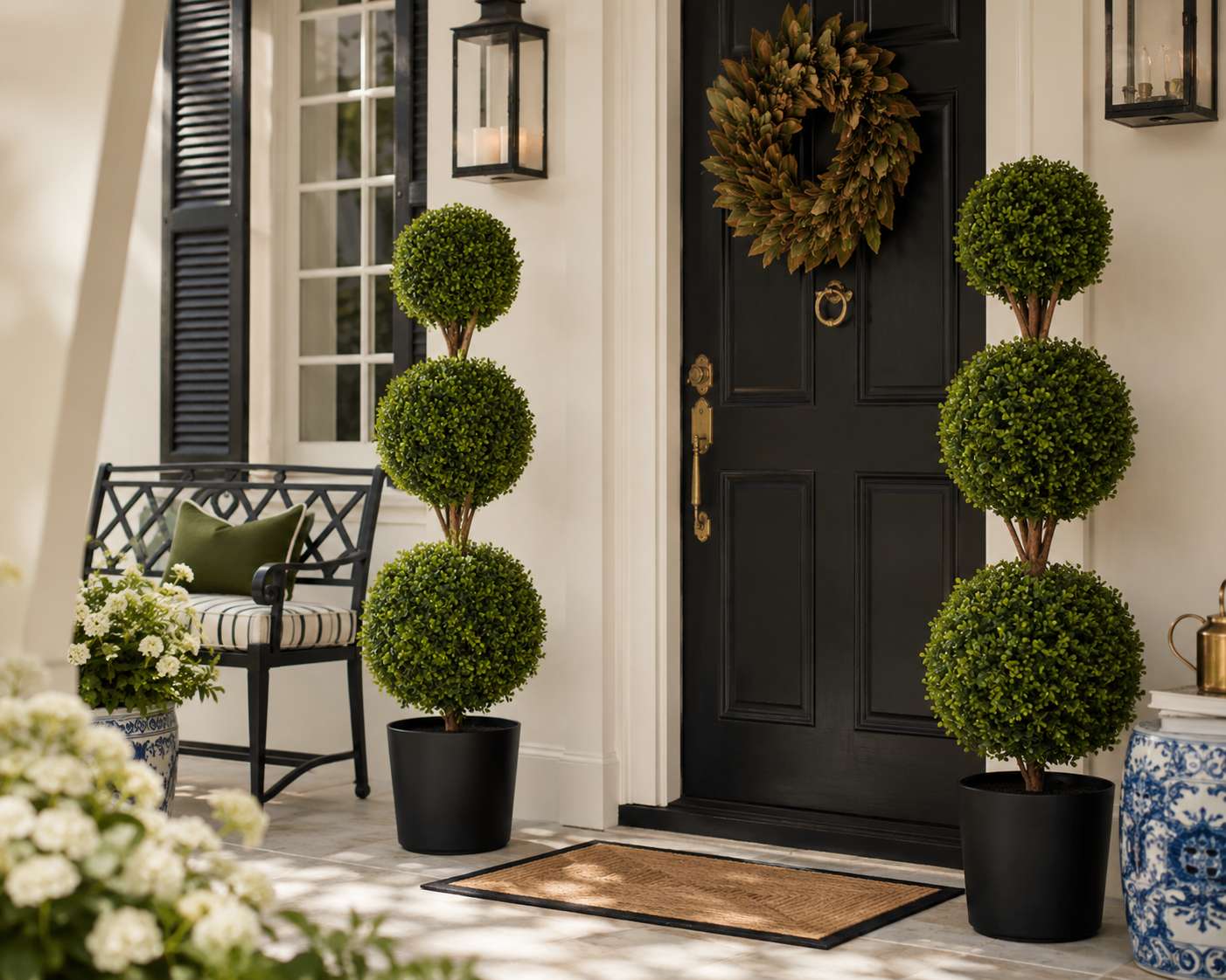 Ashbourne Triple Ball Boxwood Topiary Trees in Planters (Set of 2) | 48" Indoor & Outdoor Faux Boxwood Trees