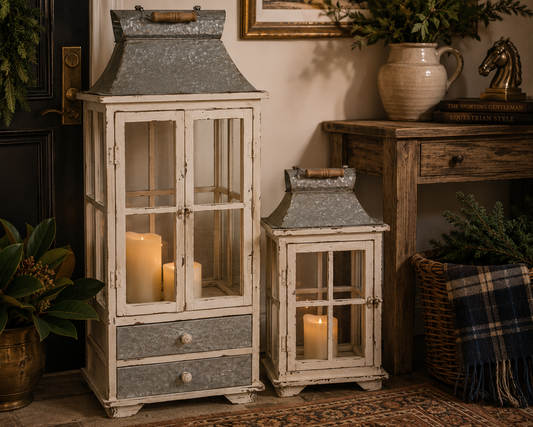 Ashford Ivory Wooden Hurricane Lantern Set