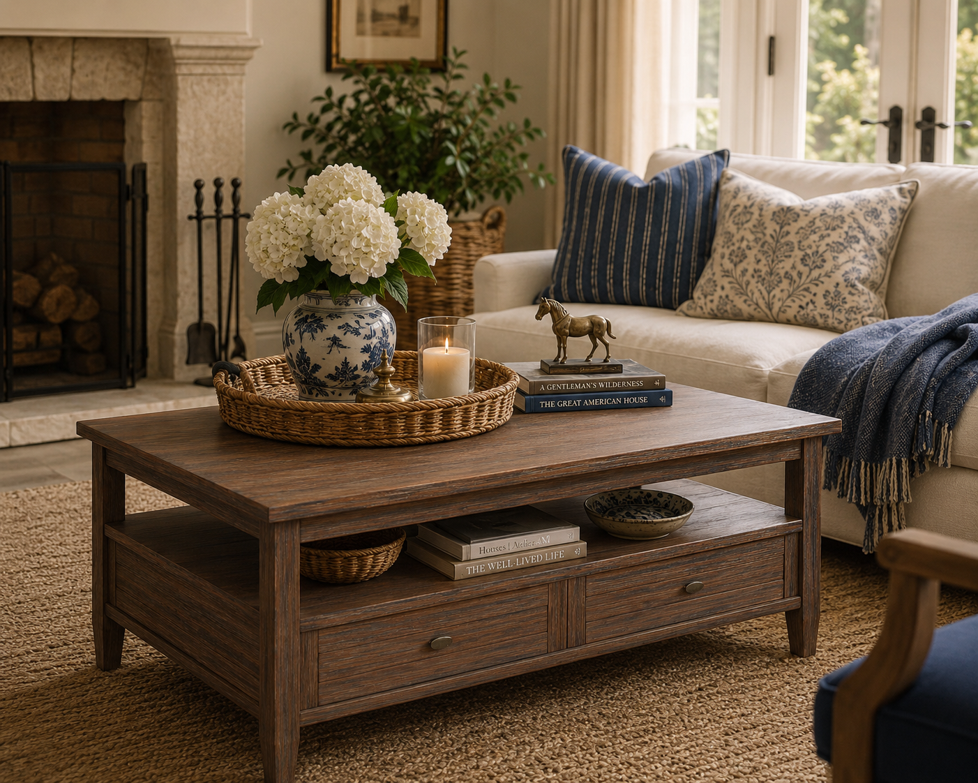 Ashcombe Shaker Coffee Table with Dual Drawers & Open Storage Shelf