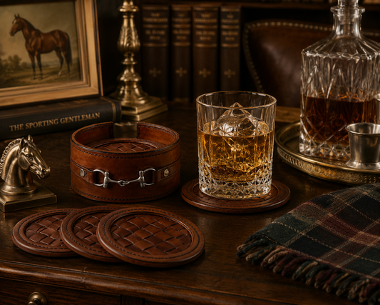 The Ashford Equestrian Leather Coaster Set with Pewter Bit Holder | Set of 6