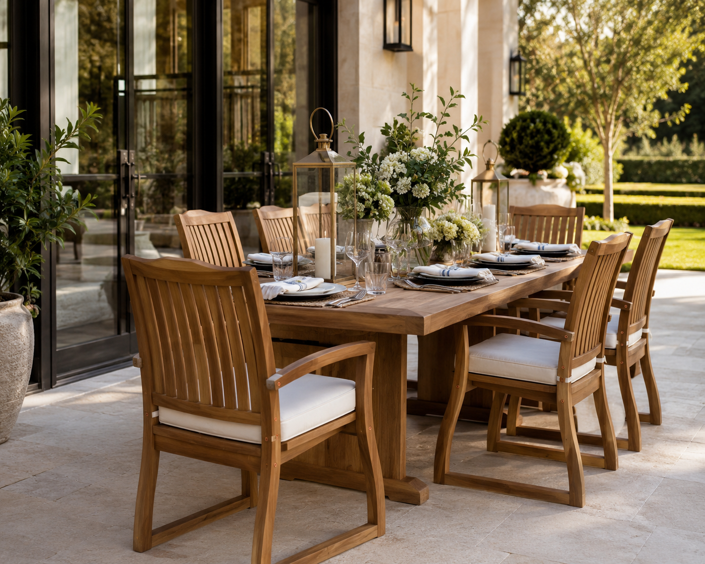 The Ashbourne Outdoor Teak Dining Armchairs with Performance Cushions | Set of 2