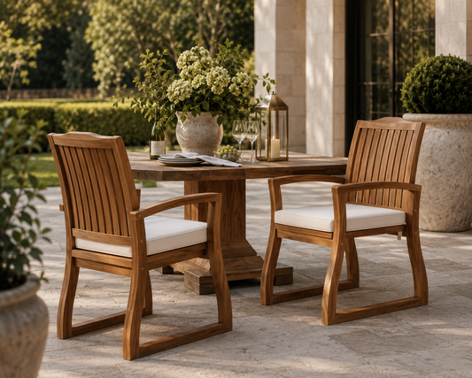 The Ashbourne Outdoor Teak Dining Armchairs with Performance Cushions | Set of 2