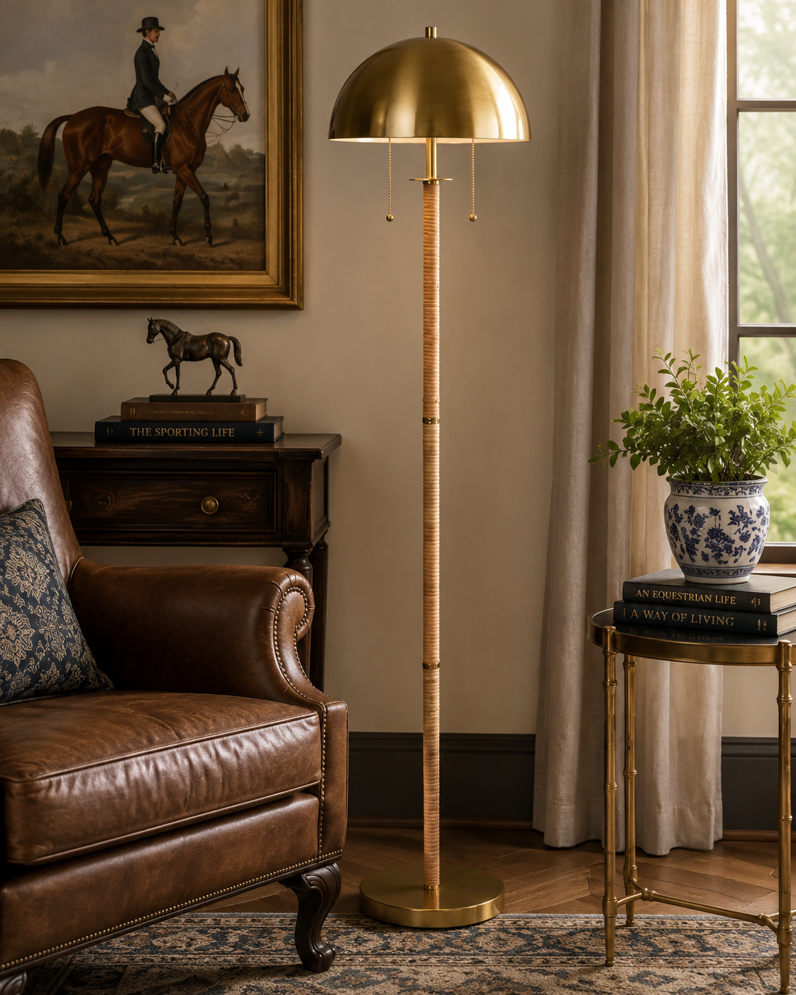 The Ashbourne Brass & Rattan Two-Light Floor Lamp