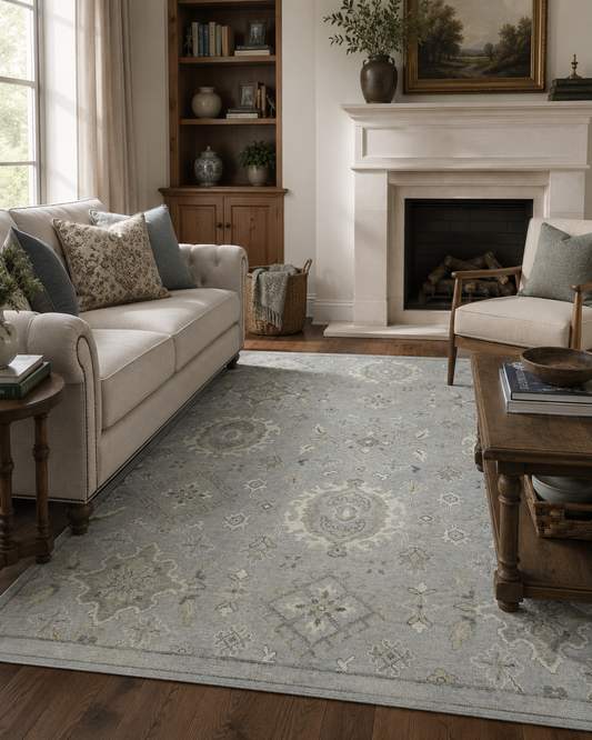 Antique Muted Silver Hand-Knotted Oushak Wool Area Rug | 8'3" x 10'8"