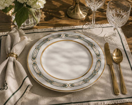 The Liberty Porcelain Dinner Plates with Emerald & Gold Border (Set of 4)