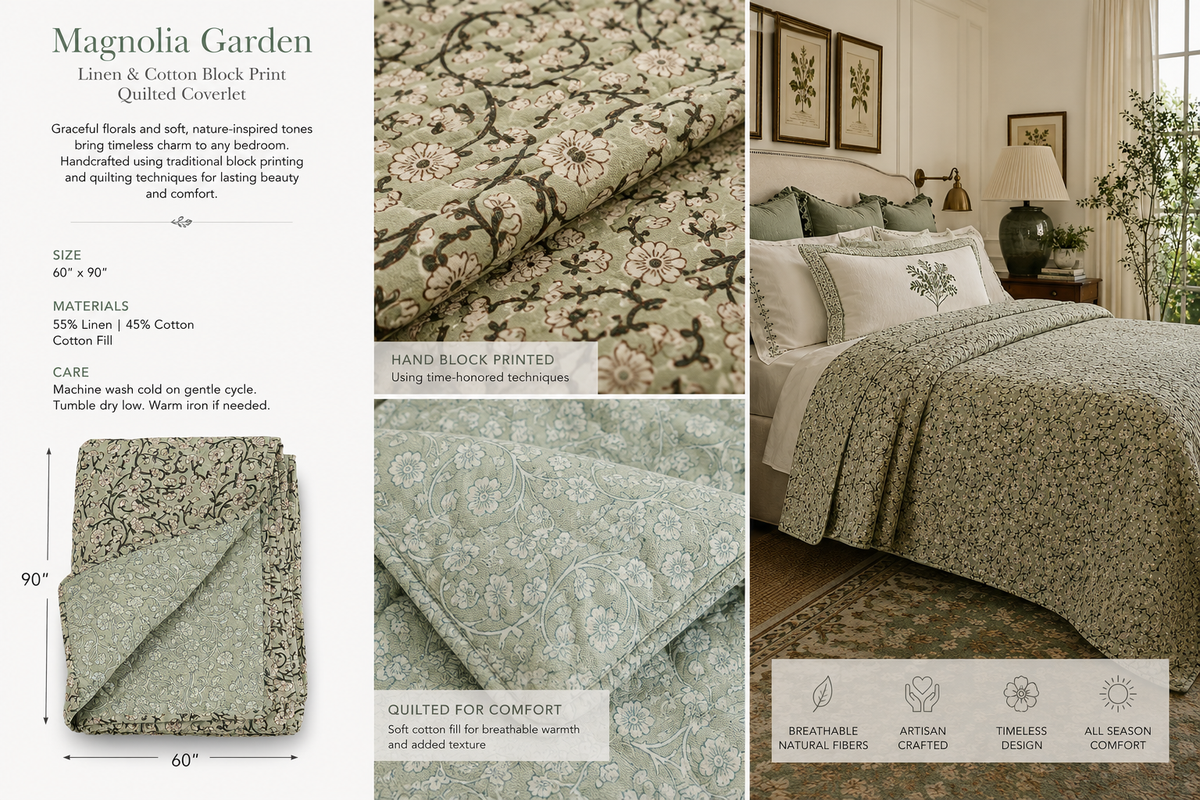 Magnolia Garden Linen & Cotton Block Print Quilted Coverlet