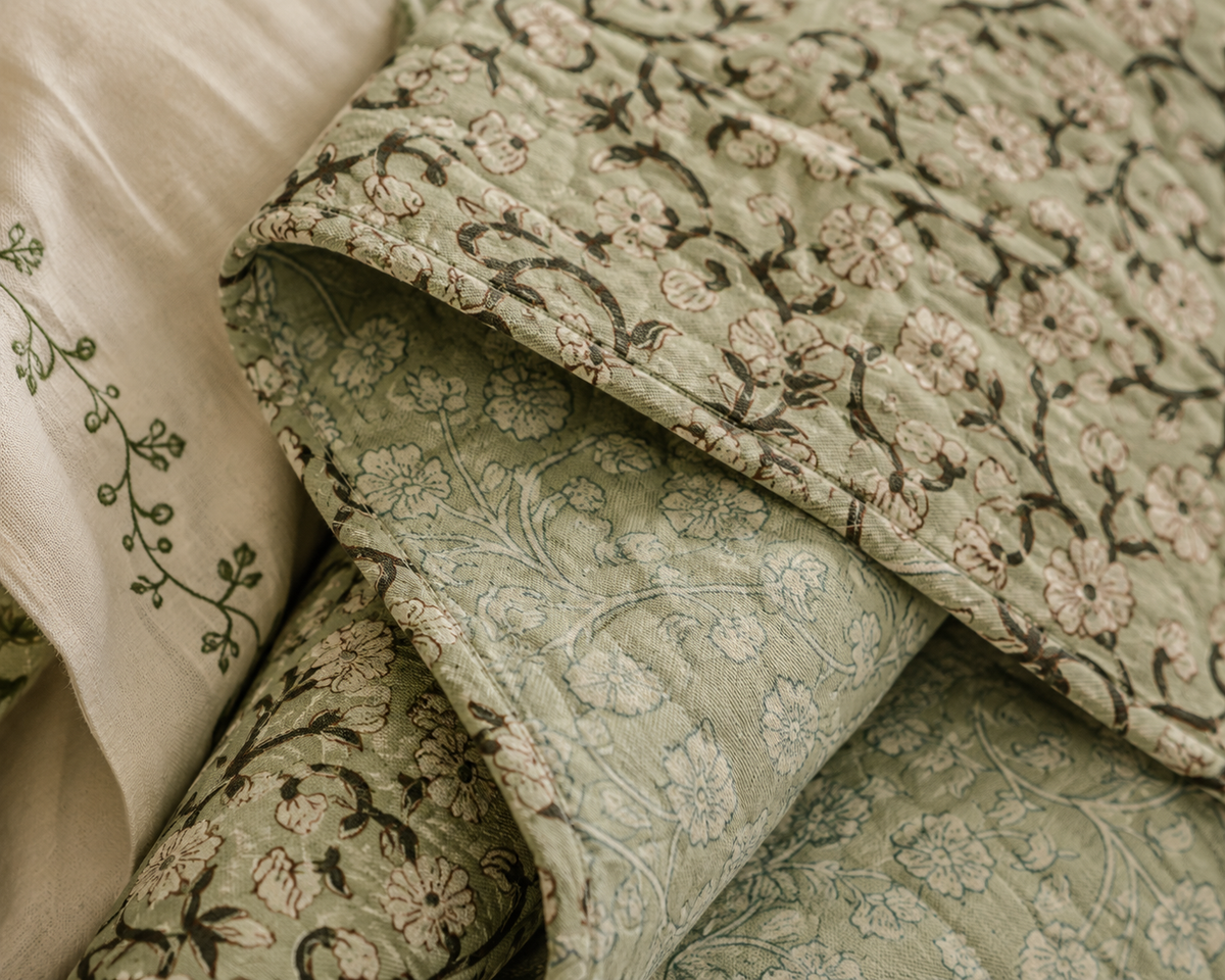 Magnolia Garden Linen & Cotton Block Print Quilted Coverlet