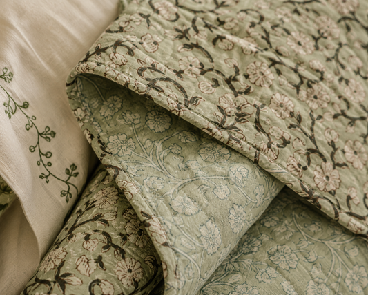 Magnolia Garden Linen & Cotton Block Print Quilted Coverlet