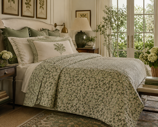 Magnolia Garden Linen & Cotton Block Print Quilted Coverlet