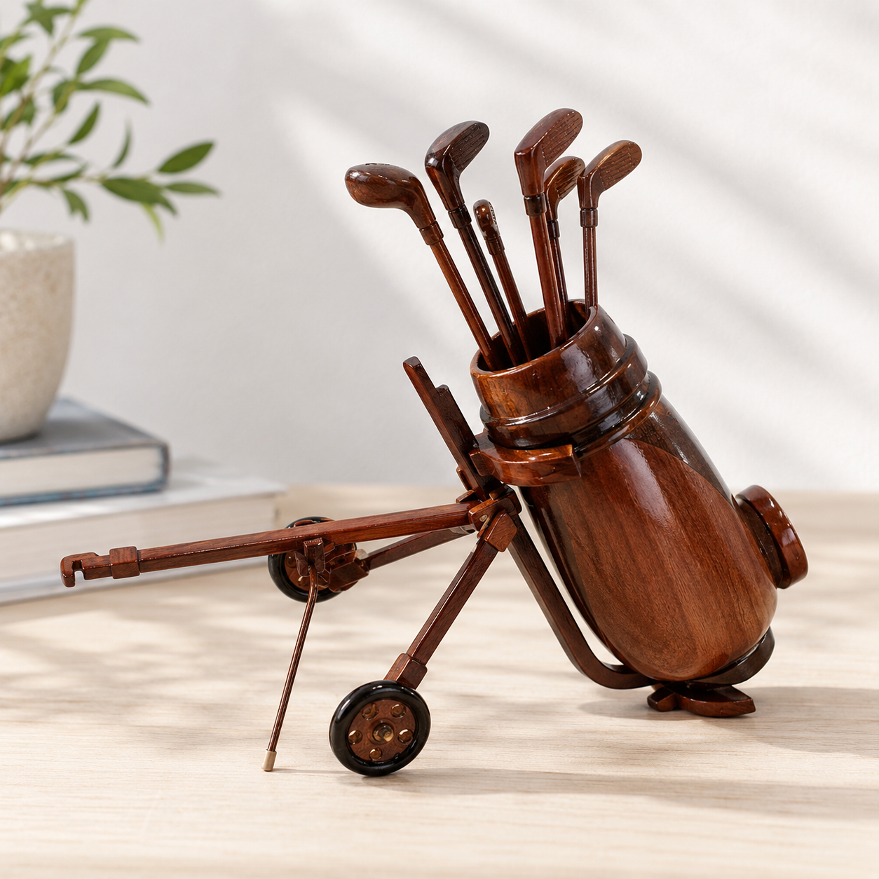 Mahogany Wood Golf Bag and Clubs Caddy Set Desktop Model