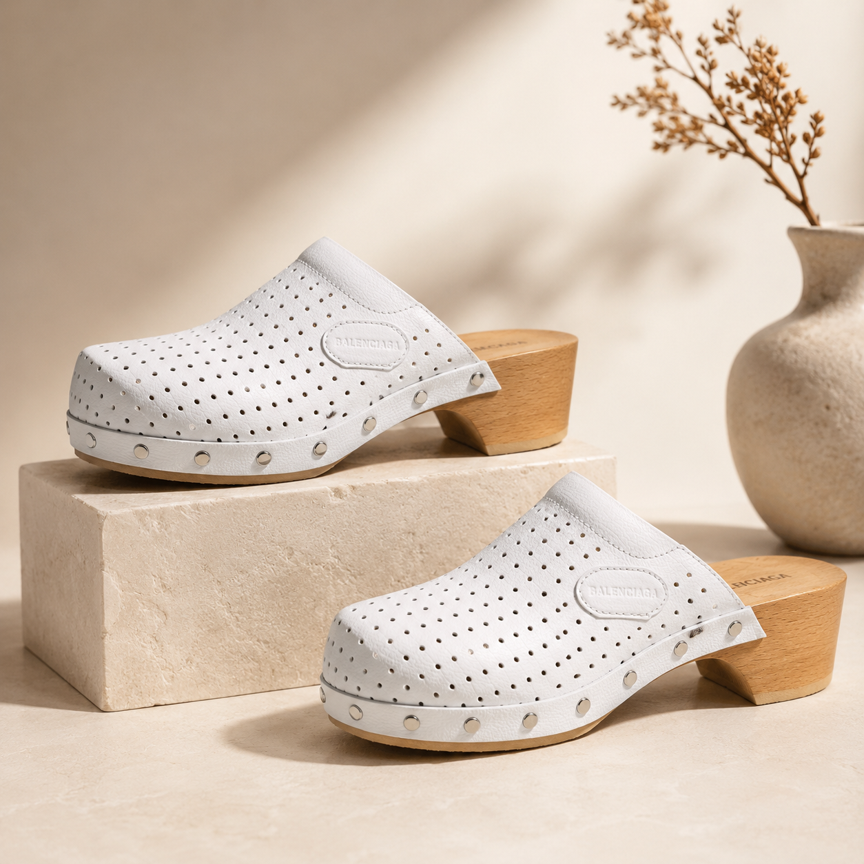 Balenciaga Perforated Leather Heeled Clogs