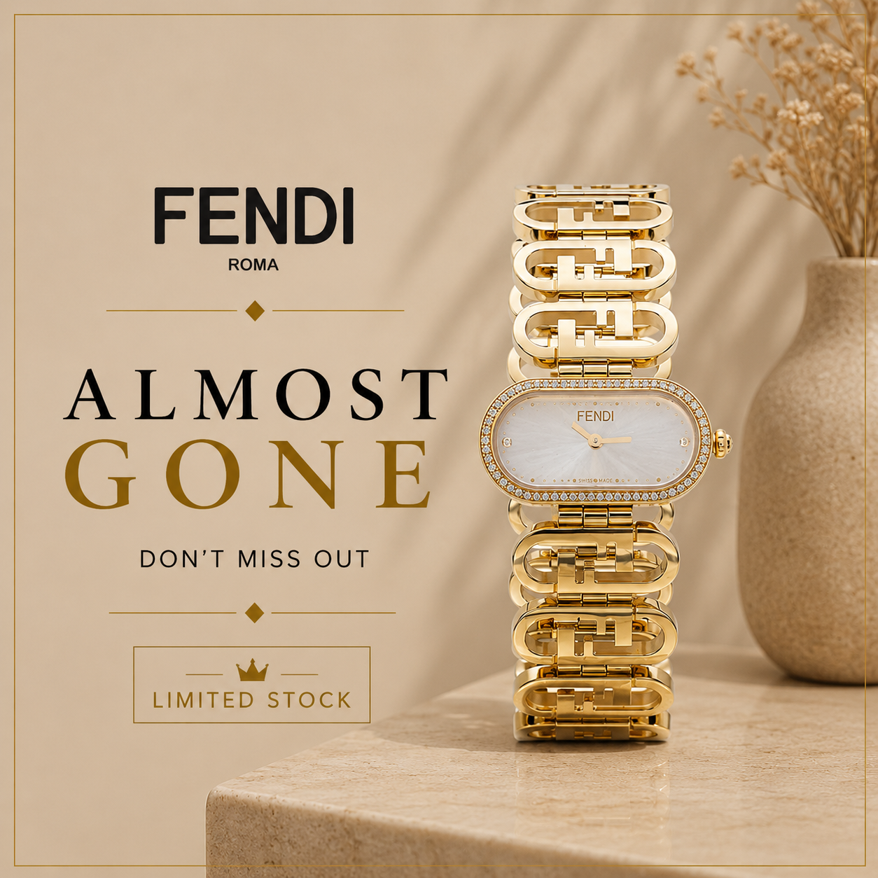 Fendi Diamond Oval Automatic Watch – Gold & White