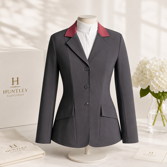 Grand Prix Ladies EQJ Classic 3 Button Show Jacket, Black with Burgundy Collar