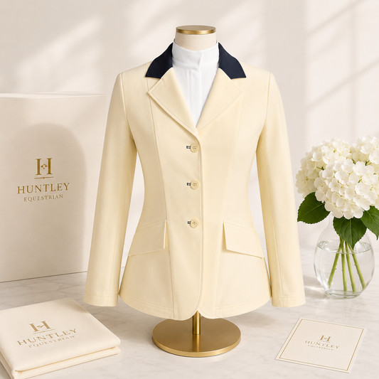 Grand Prix Ladies EQJ 3 Button Show Coat, Butter with Navy Collar