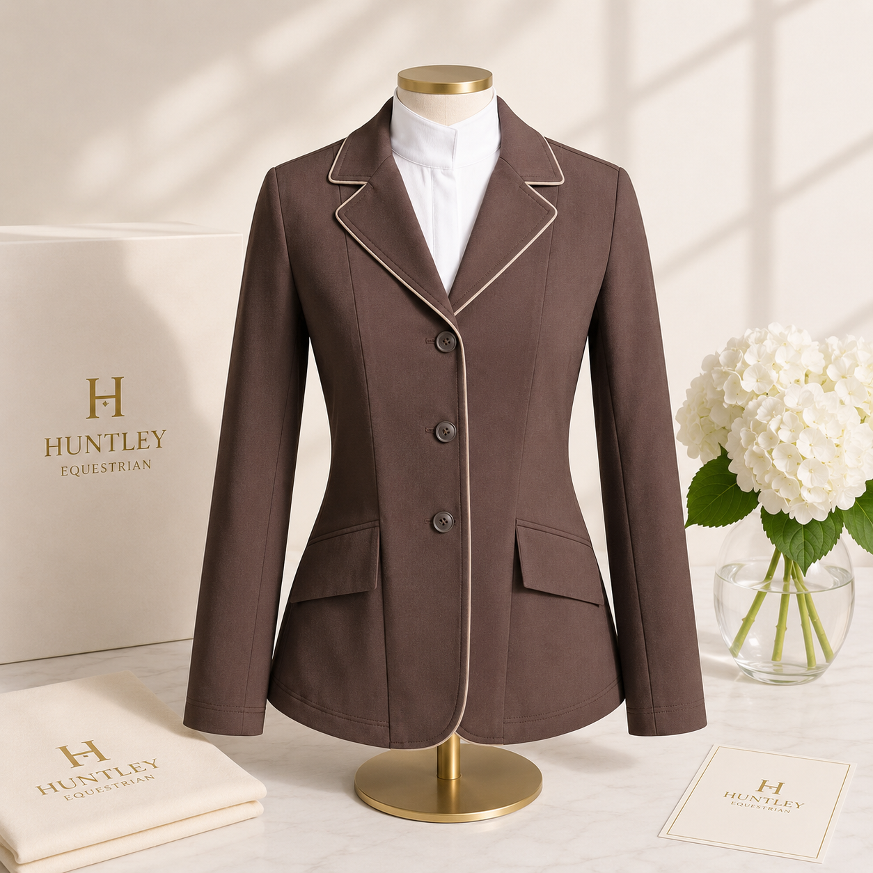 Grand Prix Ladies EQJ 3 Button Show Coat, Chocolate with Tan Piping