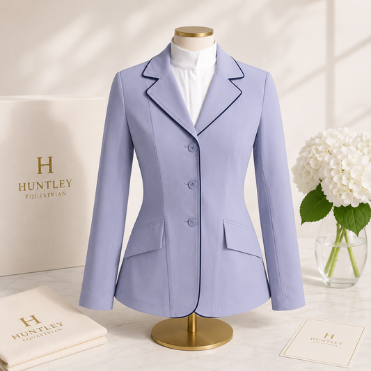Grand Prix Ladies EQJ 3 Button Show Coat, Cadet Blue with Navy Piping