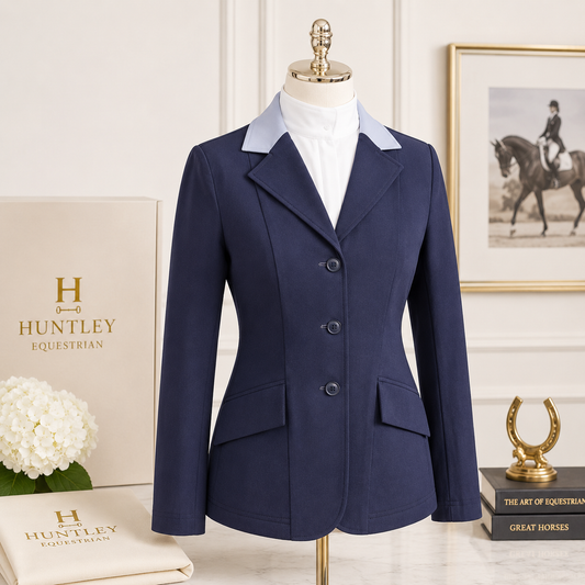 Grand Prix Ladies EQJ 3 Button Show Coat, Navy with Cadet Blue Collar