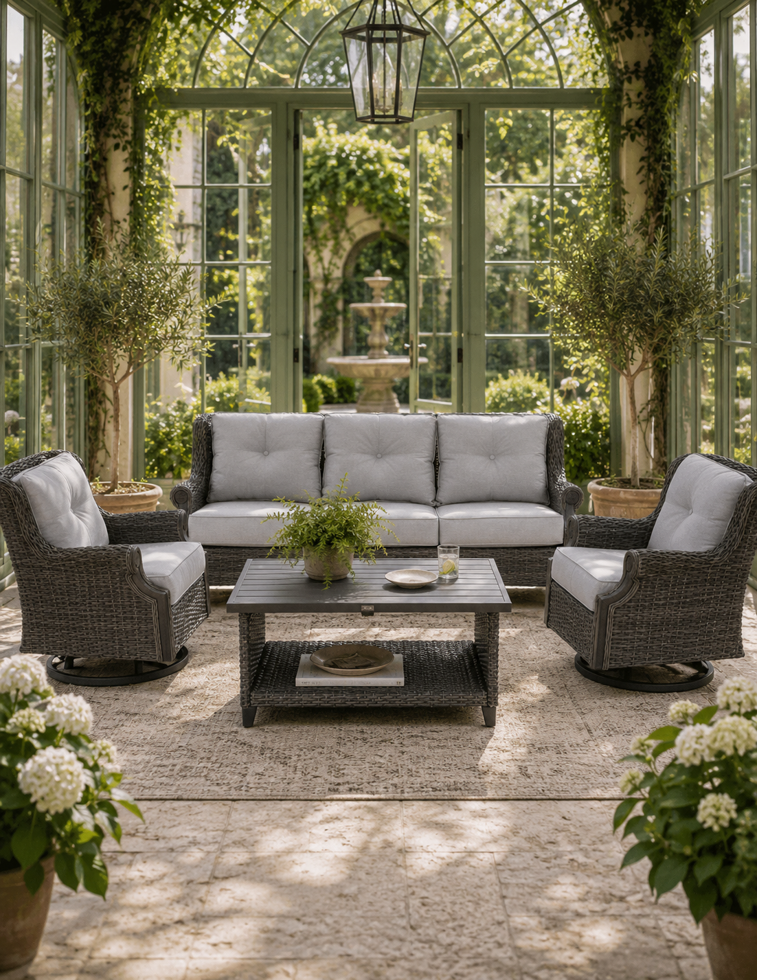 Lassen 4-Piece Woven Outdoor Lounge Set with Swivel Rocking Chairs – Gray