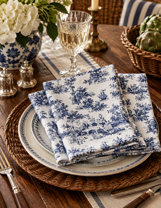 Blue Toile Cotton Dinner Napkins