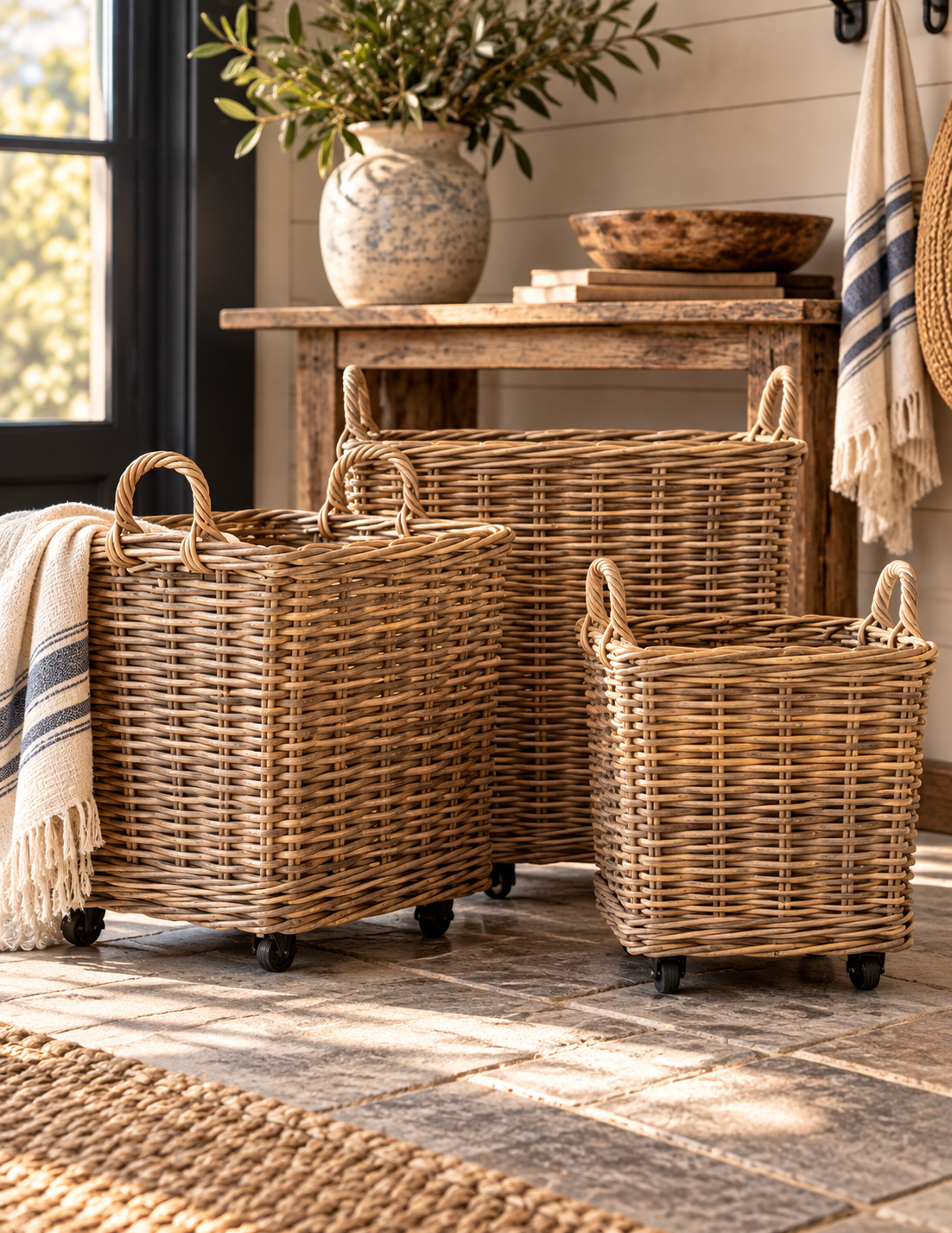 Kubu Rattan Rolling Storage Basket